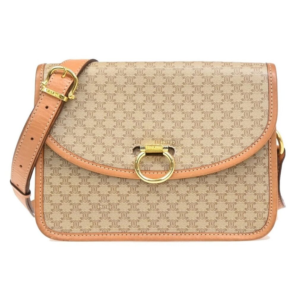 CELINE Logo Macadam Pattern Shoulder Bag PVC Leather Beige Italy 83MA283